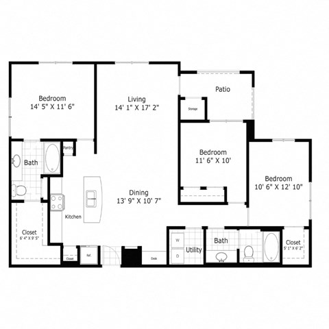 Floor plan for 3 beds, 2 baths, 1389 sqft